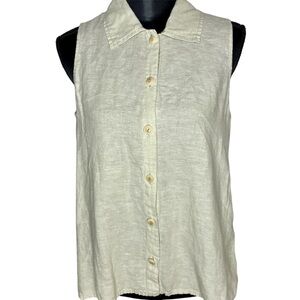 Flax Top Linen Button Down Sleeveless Tank Collared Shirt Lagenlook Green Small